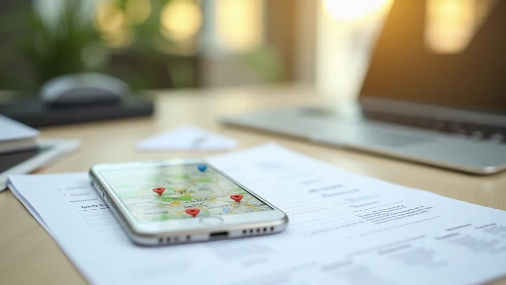 Išmanusis telefonas su žemėlapiu rodinyje ir popierinė žemėlapio versija, planavimo stalo nuotrauka